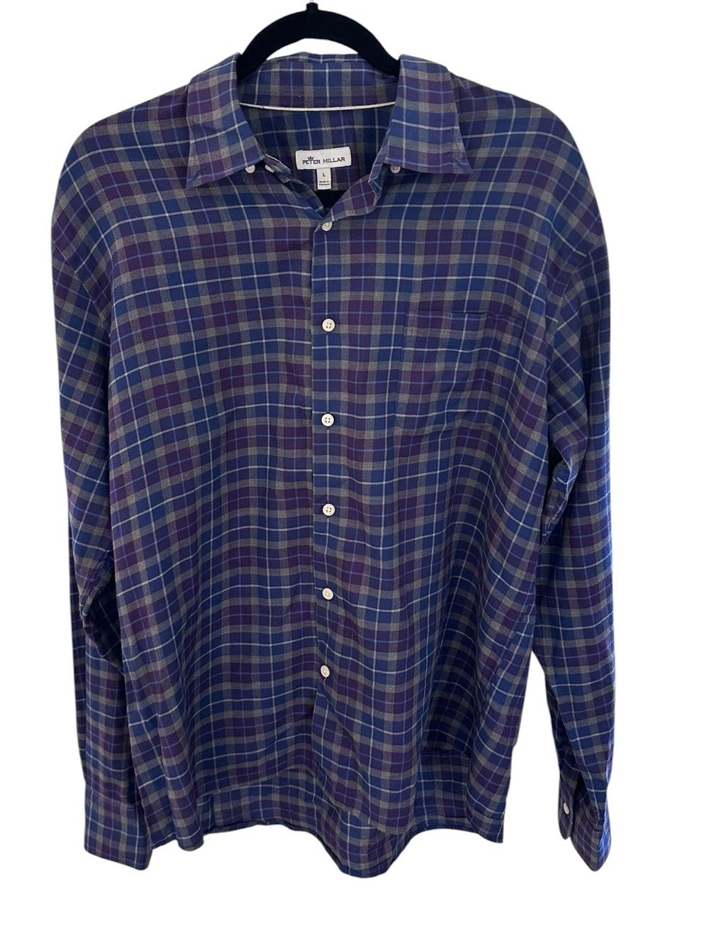 Peter Millar Men’s Blue and Purple Plaid Button-Down Shirt Size Large